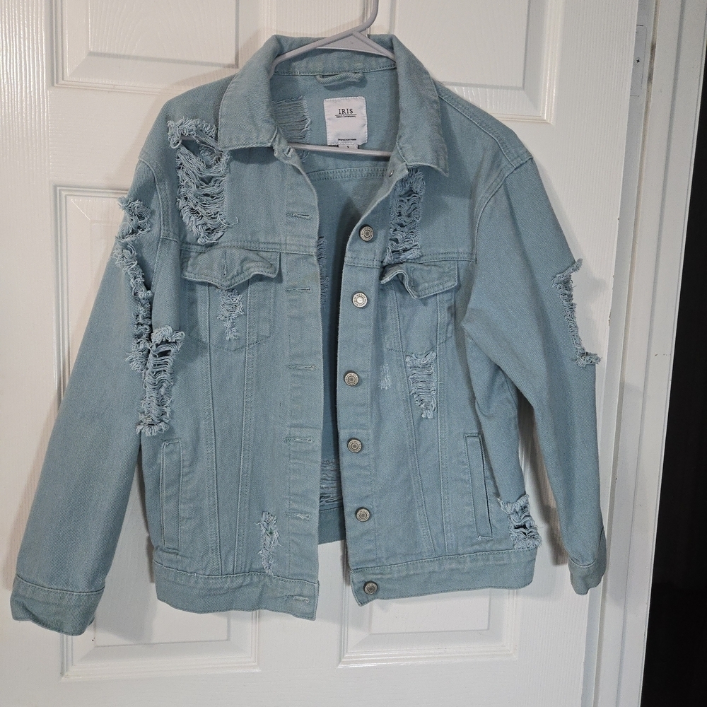 Iris Jeans Distressed Denim Jacket in Teal - Picture 10 of 13